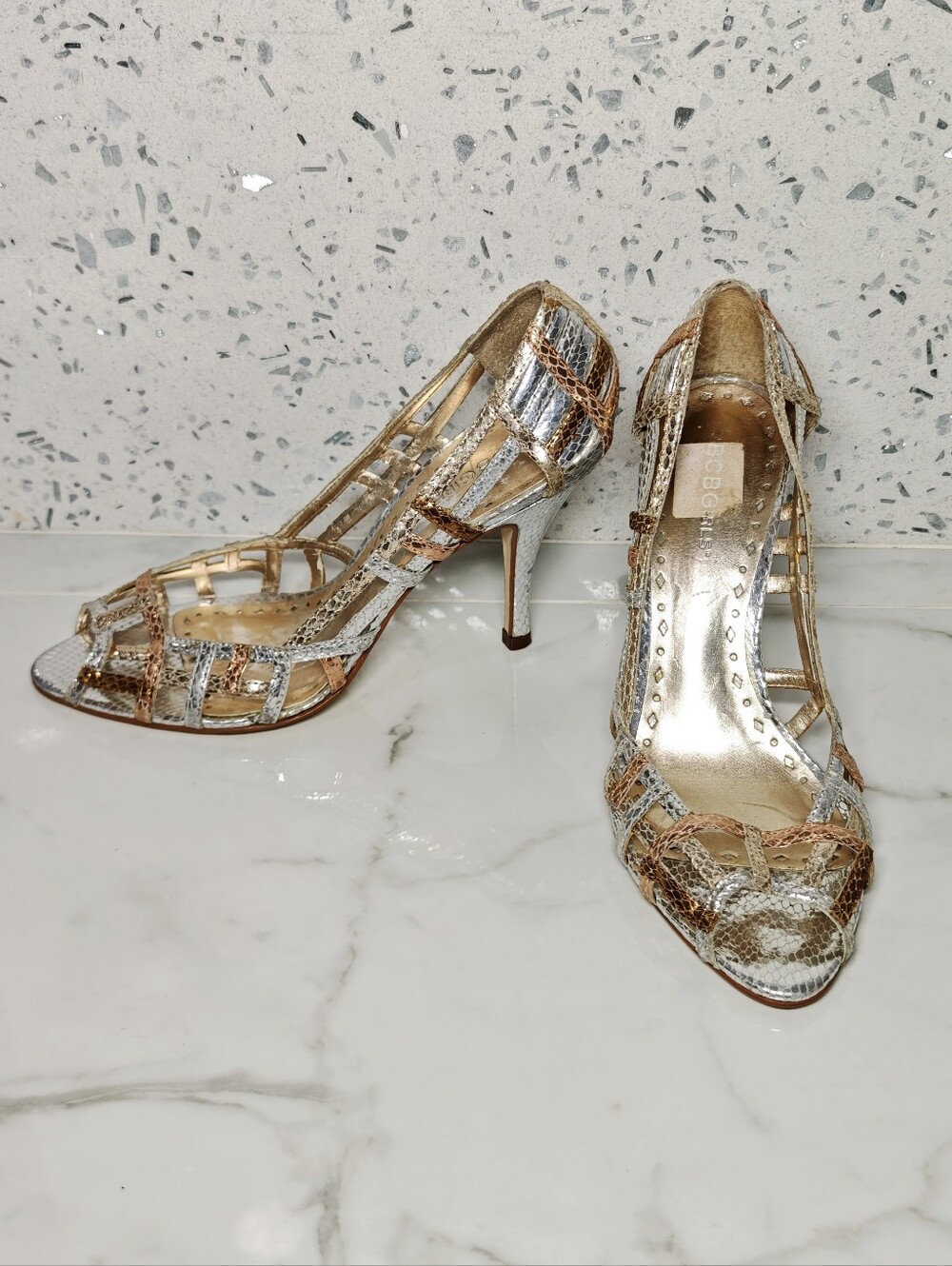 Bcbg girls metallic silver gold copper caged peep toe pumps heels size 9 leather
